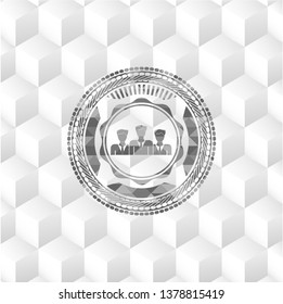 business teamwork icon inside grey emblem with geometric cube white background