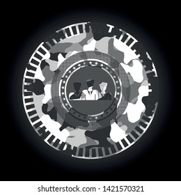 business teamwork icon inside grey camo emblem