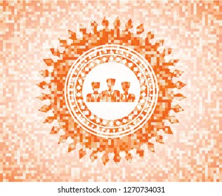 business teamwork icon inside orange mosaic emblem with background