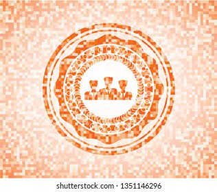 business teamwork icon inside orange tile background illustration. Square geometric mosaic seamless pattern with emblem inside.