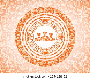 business teamwork icon inside orange mosaic emblem with background