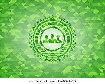 business teamwork icon inside realistic green emblem. Mosaic background