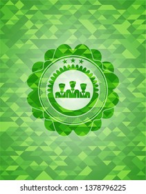 business teamwork icon inside realistic green emblem. Mosaic background