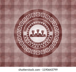 business teamwork icon inside red seamless emblem or badge with abstract geometric polygonal pattern background.