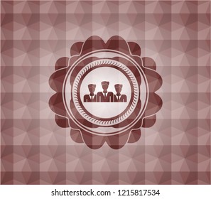 business teamwork icon inside red badge with geometric background. Seamless.
