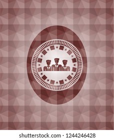 business teamwork icon inside red seamless emblem with geometric background.