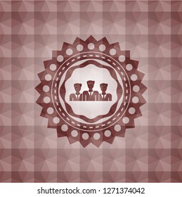 business teamwork icon inside red emblem with geometric background. Seamless.