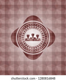 business teamwork icon inside red seamless emblem with geometric pattern.