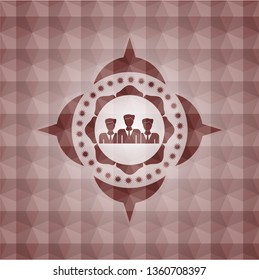 business teamwork icon inside red emblem with geometric background. Seamless.