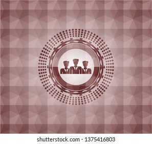 business teamwork icon inside red emblem or badge with abstract geometric pattern background. Seamless.