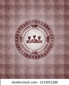 business teamwork icon inside red seamless emblem or badge with abstract geometric polygonal pattern background.