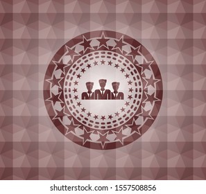 business teamwork icon inside red badge with geometric pattern background. Seamless.