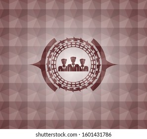 business teamwork icon inside red seamless badge with geometric pattern.