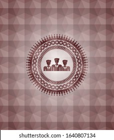 business teamwork icon inside red seamless emblem with geometric pattern.