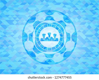 business teamwork icon inside sky blue emblem with triangle mosaic background