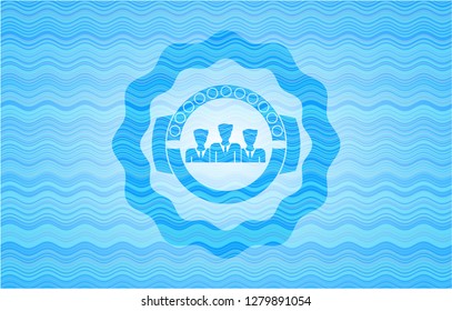 business teamwork icon inside sky blue water wave emblem.