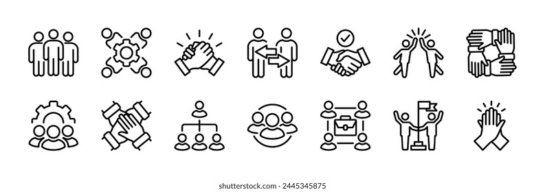 Business teamwork icon set. Containing team working together, partnership, work group, agreement, handshake, support, structure hierarchy, collaboration, co-worker, cooperation. vector illustration