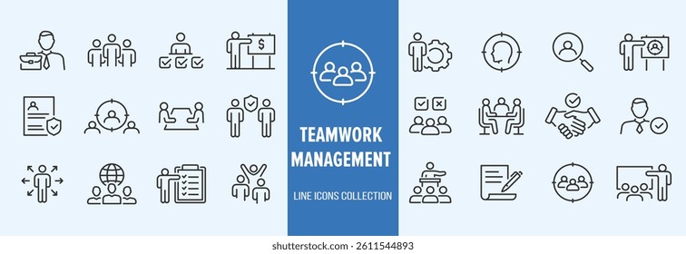 Business teamwork icon set. Containing team working together, partnership, work group, agreement, handshake, support, structure hierarchy, collaboration, co-worker, cooperation. vector illustration