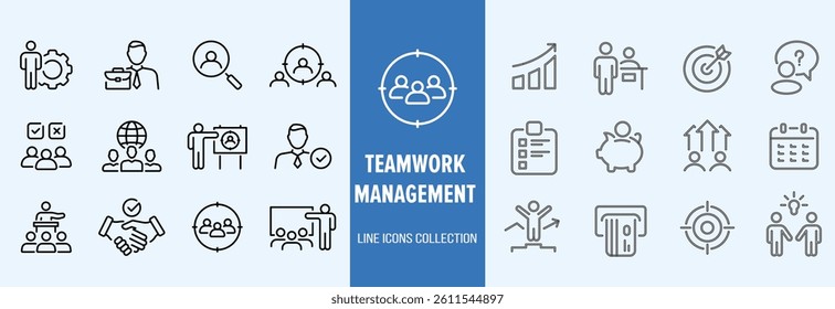 Business teamwork icon set. Containing team working together, partnership, work group, agreement, handshake, support, structure hierarchy, collaboration, co-worker, cooperation. vector illustration