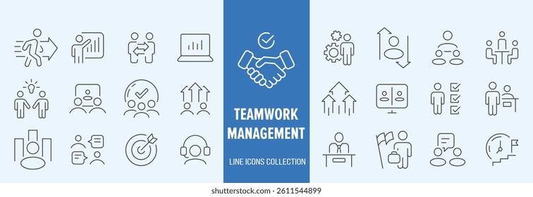 Business teamwork icon set. Containing team working together, partnership, work group, agreement, handshake, support, structure hierarchy, collaboration, co-worker, cooperation. vector illustration