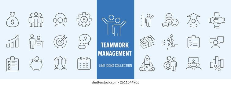 Business teamwork icon set. Containing team working together, partnership, work group, agreement, handshake, support, structure hierarchy, collaboration, co-worker, cooperation. vector illustration