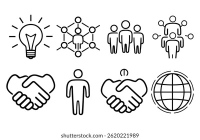 Business Teamwork Icon Set – Partnership, Networking, and Communication Vector Symbols