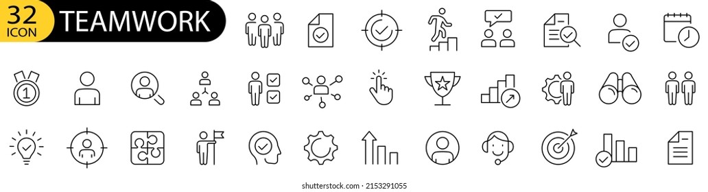 Conjunto de iconos de trabajo en equipo de negocios. Trabajo en equipo, personas, apoyo, negocios. Creación de equipos, grupo de trabajo y recursos humanos conjunto mínimo de iconos de línea delgada.