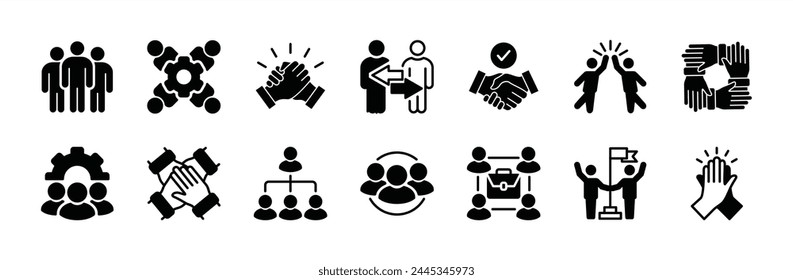 Vektorgrafik für das Geschäftsteam-Symbol. Enthaltendes Team, das zusammenarbeitet, Partnerschaft, Arbeitsgruppe, Vereinbarung, Handshake, Hilfe, Allianz, Strukturhierarchie, Zusammenarbeit, Kollege, Kooperation.