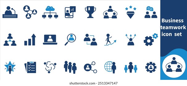 Business teamwork icon vector set. Containing team working together, partnership, work group, agreement, handshake, help, alliance, structure hierarchy, collaboration, co-worker, cooperation.