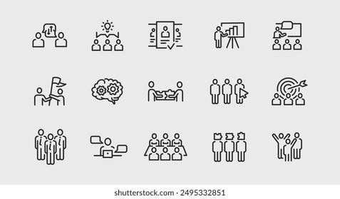 Business and teamwork icons. Large set of business and teamwork trendy minimal icons. Brainstorming, Presentation icon. Design signs for web page, mobile app, packaging design. Vector illustration