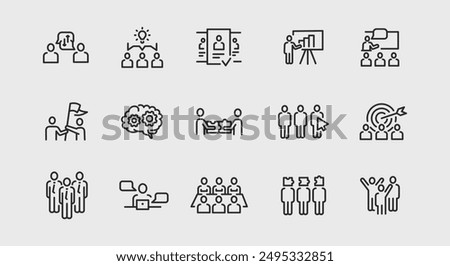 Business and teamwork icons. Large set of business and teamwork trendy minimal icons. Brainstorming, Presentation icon. Design signs for web page, mobile app, packaging design. Vector illustration