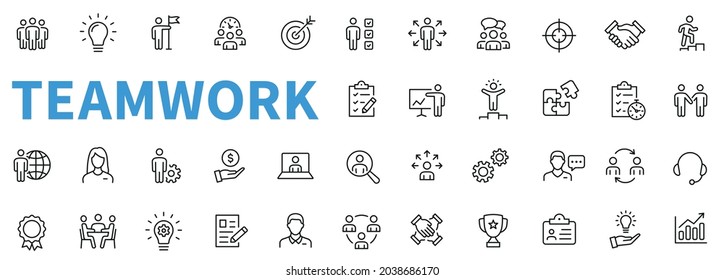 Business teamwork icons set. Contains such icons as business people, idea, presentation, goal, reward, delegation and others. Work group people with one goal. Outline icons collection. Line style - st