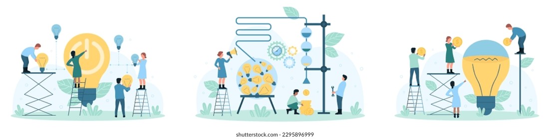 Business teamwork, idea funnel and innovation set vector illustration. Cartoon tiny people throw money to fill light bulb together, press power button on electric lamp, work to get creative results