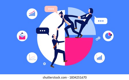 Business teamwork illustration - Businesspeople working together and giving a helping hand on pie chart with business icons in background. Vector format.