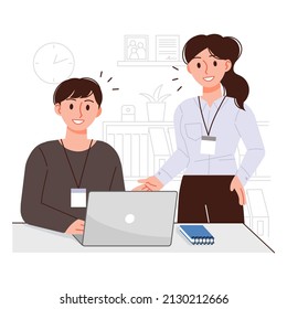 Business teamwork illustration. A female boss is talking to a male employee about work.