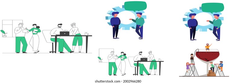 Business Teamwork illustrations. Collection of scenes with men and women taking part in business activities. Trendy vector style