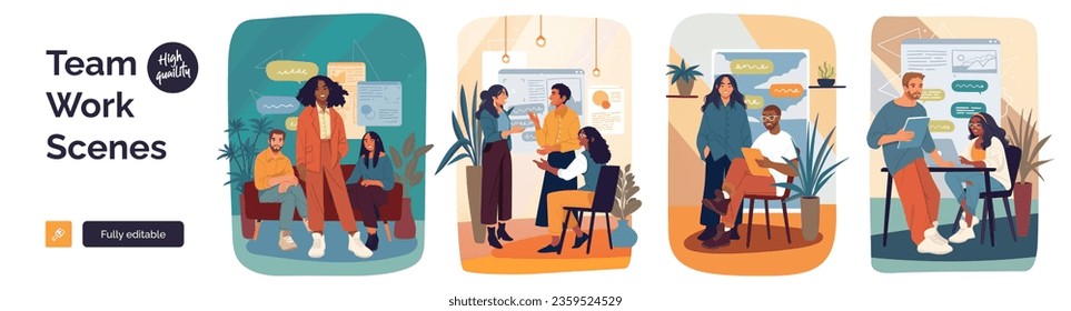 Business Teamwork illustrations. Collection of scenes with men and women taking part in business activities. Trendy style