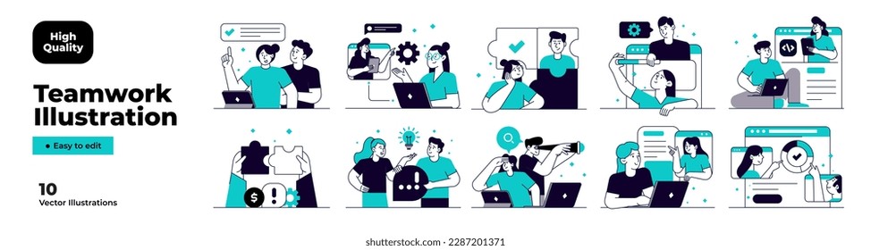 Business Teamwork illustrations. Mega set. Collection of scenes with men and women taking part in business activities. Trendy vector Illustration