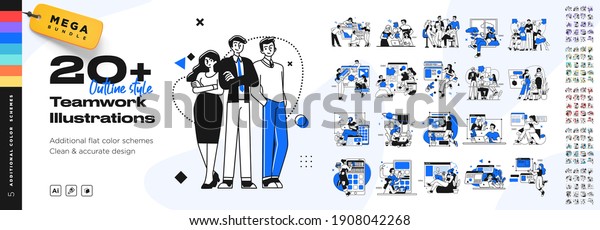 Business Teamwork illustrations. Mega set.\
Collection of scenes with men and women taking part in business\
activities. Trendy vector\
style