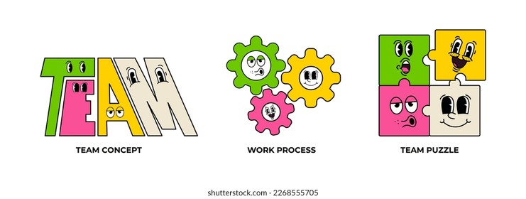 Business Teamwork illustrations. Mini scene. Collection of scenes with cute old cartoon faces. Trendy vector style