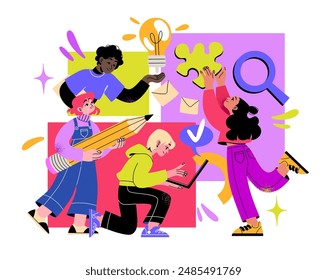 Ilustraciones de Business Teamwork. Escena con hombres y mujeres que participan en actividades de negocios. Estilo de moda. Vector fácil de editar.