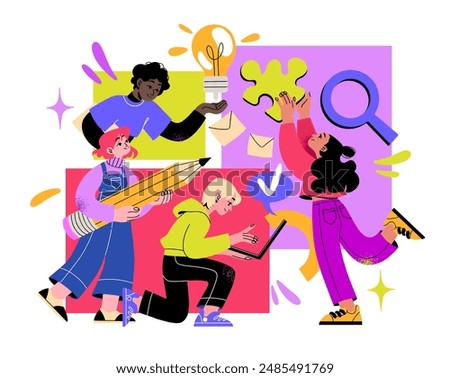 Business Teamwork illustrations. Scene with men and women taking part in business activities. Trendy style. Vector easy to edit.