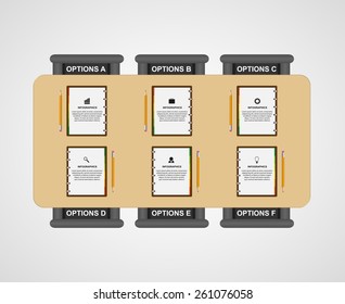 Business Teamwork Infographic. Note book, pencil creative Office workplace concept. Vector Illustration.