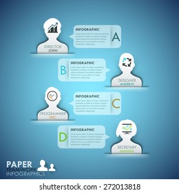 Business teamwork infographics template with paper people for 4 options. Vector illustration. Can be used for workflow layout, banner, diagram, number options, web design