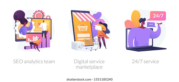 Business teamwork, internet commerce, customer support icons set. Seo analytics team, digital service marketplace, 24-7 service metaphors. Vector isolated concept metaphor illustrations