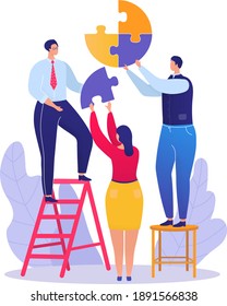 Business teamwork job, businessman standing ladder hold puzzle detail, businesswoman help firm flat vector illustration, isolated on white. Company colleague group employee clerk harmonious work.