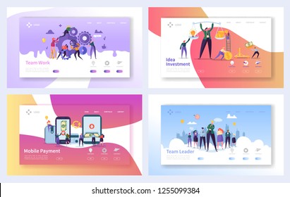 Business Teamwork Landing Page Template Set. Mobile Payment Concept. Leadership Character Design. Partnership Networking Cooperation for Website or Web Page. Flat Cartoon Vector Illustration