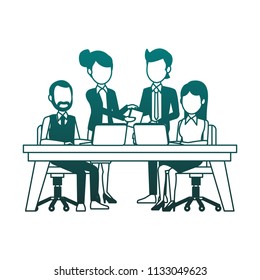 Business teamwork with laptop blue lines