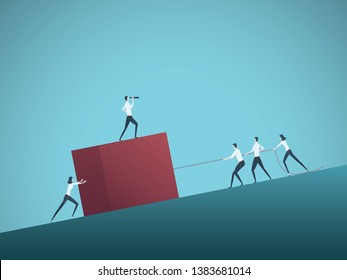 Business teamwork and leader vector concept with businessmen and women pulling cube uphill. Symbol of leadership, motivation, ambition, team effort, growtha and success. Eps10 illustration.