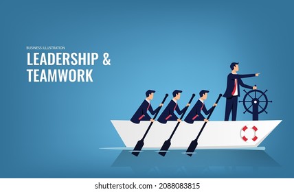 Business Teamwork Leadership Concept. Businessmen Working In Team, Group Of People Rowing Boat Together To Achieve Same Goal And Target.